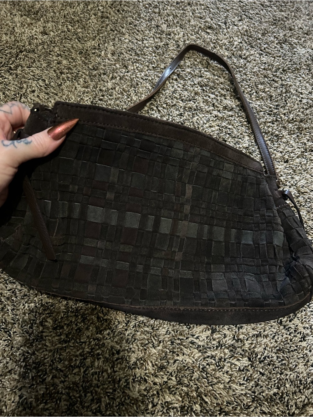 Woven Suede Shoulder Bag in Dark Brown